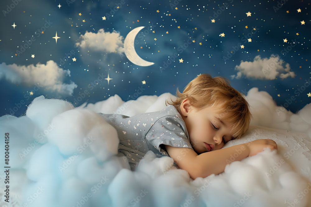 Little boy sleeping on clouds in bed, night sky with moon and stars ...