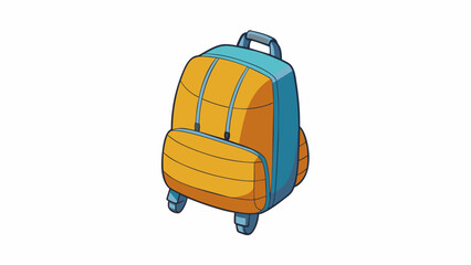Poster - A foldable backpack made with lightweight nylon material. It can be easily rolled up and stored in a small pouch making it the ideal travel companion. Cartoon Vector.