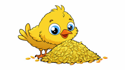 Aufkleber - A fluffy yellow chick pecking at a pile of grains with tiny soft feathers and bright curious eyes.  on white background . Cartoon Vector.