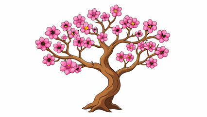 Aufkleber - A flowering tree with a sy gnarled trunk and delicate pink blossoms bursting from its branches.  on white background . Cartoon Vector.