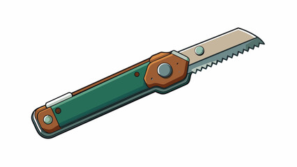 Poster - A folding metal blade with a sleek wooden handle perfect for camping and outdoor activities. The blade is sharp and serrated making it easy to through. Cartoon Vector.