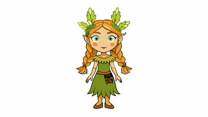 Poster - A forest fairy with long braided hair adorned with flowers and feathers. She wears a dress made from the bark of trees and her gentle voice can calm. Cartoon Vector.