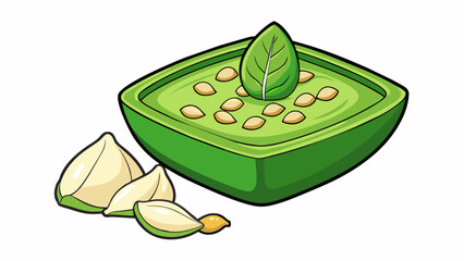 Poster - A fragrant emerald paste made from the perfect blend of basil garlic and pine nuts with a subtle hint of Parmesan cheese.  on white background . Cartoon Vector.