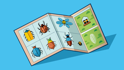 Poster - A folded up map with colorful illustrations of various bugs adorns the cover of the fourth illustration. Inside the map there are labeled sections for. Cartoon Vector.