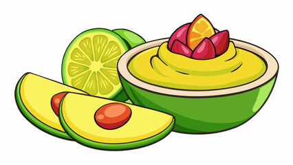 Aufkleber - A fresh and fruity blend of mashed avocado mixed with diced mango red onion and lime juice creating a sweet and savory dip perfect for summertime. Cartoon Vector.
