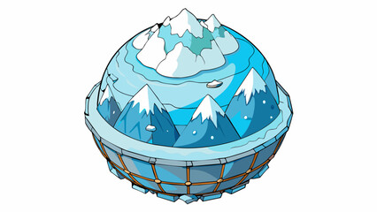 Poster - A frozen planet covered in a blanket of glittering white snow and ice with towering mountains piercing through the frozen landscape.  on white. Cartoon Vector.