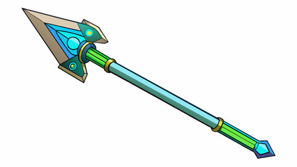Poster - A futuristic arrow with a hightech design its metallic shaft is adorned with glowing blue and green lights and its sharp pointed tip is made of an. Cartoon Vector.