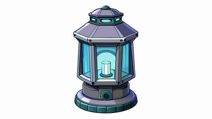 Poster - A futuristic lantern stood tall on a desk with a sleek metallic design and a touch screen panel. It emitted a powerful LED light that could be. Cartoon Vector.