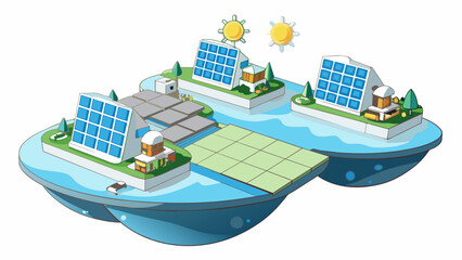 Aufkleber - A futuristic floating city made up of interconnected rafts each one equipped with solar panels and lush gardens. The rafts sway gently in sync with. Cartoon Vector.