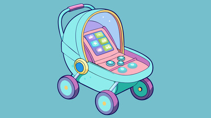 Fototapete - A futuristiclooking doll stroller made of clear plastic and neon accents with an interactive control panel that plays sounds and lights up as the. Cartoon Vector.