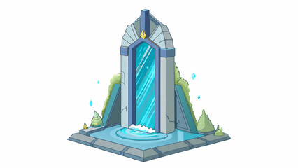 Poster - A futuristic portal tall and shimmering with a metallic frame. Stepping through it feels like walking through a waterfall as the air crackles with. Cartoon Vector.