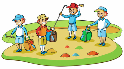 Poster - A group of golfers make their way through a challenging course navigating their way around sand s and water hazards. Each golfer carries a bag filled. Cartoon Vector.