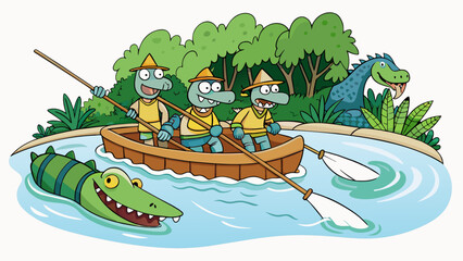 Aufkleber - A group of adventurers navigating their raft through a treacherous jungle river. The raft is ly big enough to hold all of them and it is constantly. Cartoon Vector.