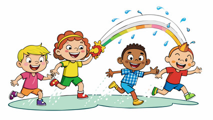 Poster - A group of children running through a sprinkler on a hot summer day their faces adorned with the colors of the rainbow from the water droplets.  on. Cartoon Vector.
