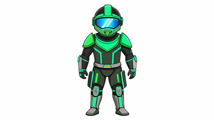 Sticker - A green and black armorinspired jumpsuit with glowing blue lines running through it accompanied by a hightech helmet with builtin goggles and a pair. Cartoon Vector.