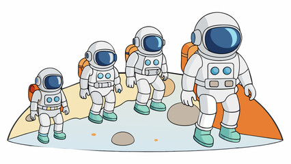Poster - A group of astronauts walks on the surface of a distant planet their space suits designed to withstand extreme temperatures and terrain. The suits. Cartoon Vector.