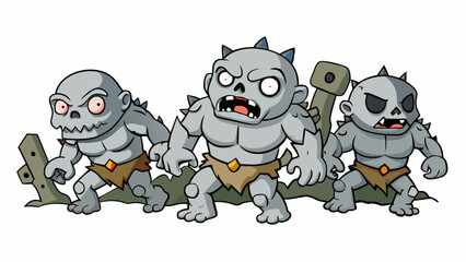 Poster - A group of humanoid monsters with grey skin and jagged broken teeth stumbling through a dark forest. As they move pieces of and tissue fall from their. Cartoon Vector.