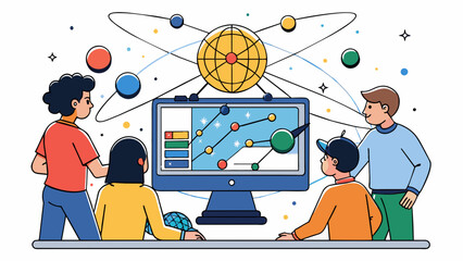 Fototapete - A group of Astronomers stand huddled around a computer screen intently studying a graph with various colorful lines and data points. The computer is. Cartoon Vector.