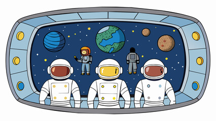 Aufkleber - A group of astronauts gather on the edge of a space station module gazing in awe at the vastness of space before them. With a view unobstructed by any. Cartoon Vector.
