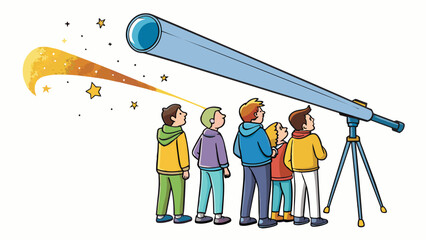 Aufkleber - A group of Astronomers gather under a clear moonlit sky using powerful binoculars to scan the heavens. Between them they spot a comet streaking across. Cartoon Vector.