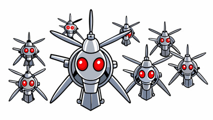 Poster - A group of metallic drones suddenly turn against their human creators their glowing red eyes blinking with malicious intent. Their sleek angular. Cartoon Vector.