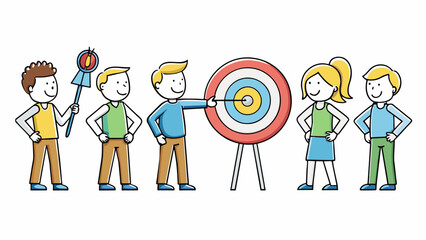 Aufkleber - A group of people standing in a line each holding a slim pointed object with a plastic body and ridged metal tip. They take turns throwing the dart. Cartoon Vector.