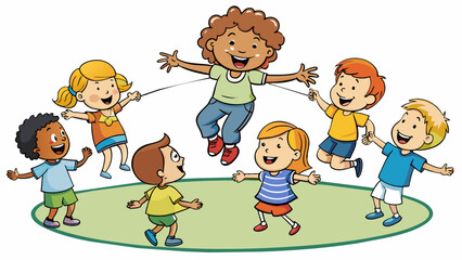 Aufkleber - A group of neighborhood children gathered in a circle jumping over a rope held by two kids on either end their excited voices ringing out each time. Cartoon Vector.