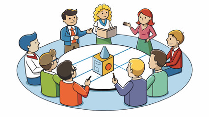 Aufkleber - A group of people huddled together in a circle engaged in a lively discussion and debate about a mathematical concept.  on white background . Cartoon Vector.