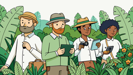 Poster - A group of scientists were trekking through a dense rainforest carrying various equipment such as cameras binoculars and clipboards. They were. Cartoon Vector.