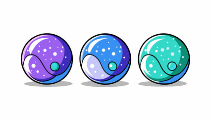 Aufkleber - A group of marbles are lined up in a row on the ground ready to participate in a game. Each one has a unique design with one being blue with white. Cartoon Vector.