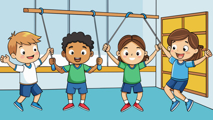 Poster - A group of students in PE class lined up in front of a rope hanging from the gym ceiling each taking turns jumping over it as their classmates cheer. Cartoon Vector.
