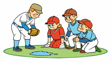 Poster - A group of teammates huddle together on the pitchers mound sweat dripping down their brows as they discuss their strategy. The catcher crouches behind. Cartoon Vector.