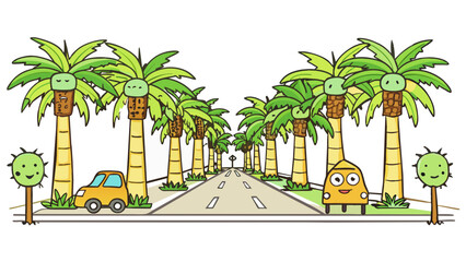 Fototapete - A group of palm trees lining a picturesque street creating a natural canopy above the passing cars and pedestrians. Their slim trunks are lined with. Cartoon Vector.