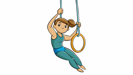 Poster - A gymnast dangles from rings their body taut as they twist and rotate displaying their flexibility and grace.  on white background . Cartoon Vector.