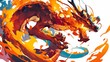 A painting depicting a menacing dragon breathing fire, with scales shimmering under the fiery breath