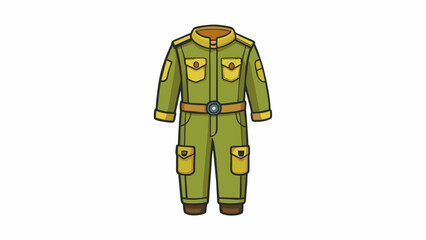 Aufkleber - A khaki jumpsuit with multiple pockets and patches designed to make one feel like a fearless jungle explorer. The fabric is sy and durable ideal for. Cartoon Vector.