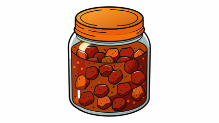 Poster - A jar of dark orange fruit preserve filled with small chunks of fruit suspended in a thick and sticky mixture. The preserve has a warm comforting. Cartoon Vector.