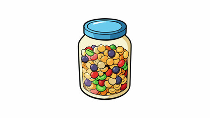 Poster - A jar of granola with colorful pieces of cereal nuts and seeds mixed together creating a visually appealing and nutritious snack.  on white. Cartoon Vector.