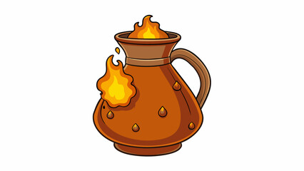 Poster - A jug made of rough unpolished clay holding a warm golden brown liquid that bubbles slightly when heated over a fire. Its flavor is a perfect balance. Cartoon Vector.