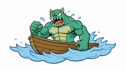 Wall Mural - A hulking mass of muscle and teeth emerges from the waves its massive claws through the hull of a boat as it drags it towards its gaping maw. Its eyes. Cartoon Vector.