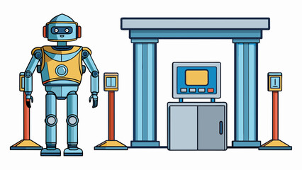 Aufkleber - A humanoid security robot stands guard at the entrance of a bank equipped with metal detectors and xray scanners to detect and prevent unauthorized. Cartoon Vector.