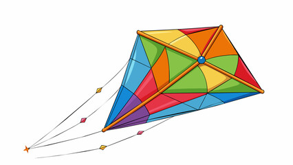 Fototapete - A large colorful kite soaring through the sky held steady by multiple strings extending from each corner.  on white background . Cartoon Vector.