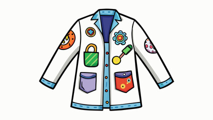 Poster - A lab coat covered in patches of different textures and patterns from soft plush material to shiny sequins. Each patch is embroidered with the name of. Cartoon Vector.