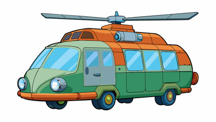 Poster - A large and bulky vehicle with helicopterinspired propellers attached to its roof. The wings span out to the sides while in flight resembling a giant. Cartoon Vector.