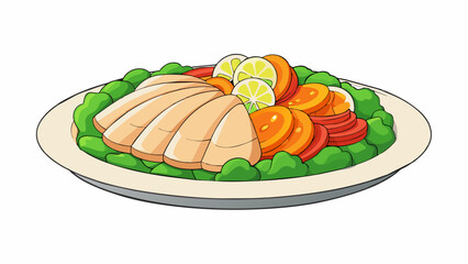 Poster - A large white porcelain platter decorated with a colorful array of sliced chicken s served with a side of steamed vegetables.  on white background . Cartoon Vector.