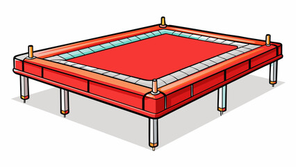 Poster - A large Olympicsized trampoline featuring a spacious rectangular jumping surface. The frame is made of heavyduty steel and coated in vibrant red paint. Cartoon Vector.
