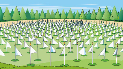 Poster - A large open field filled with dozens of white flags each representing a designated spot to hit golf balls from. The grass is neatly trimmed and the. Cartoon Vector.