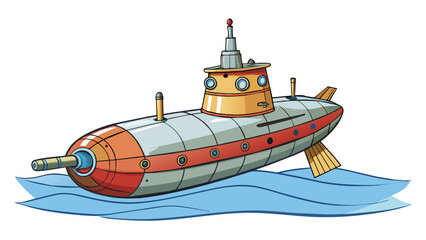 Aufkleber - A large metal tube floating on the waters surface featuring a conical tower on top and three thick movable fins on the bottom. The tower is equipped. Cartoon Vector.