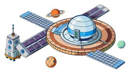 Poster - A large space station floats gracefully in orbit around a distant planet its modular design allowing it to expand and house a continually rotating. Cartoon Vector.