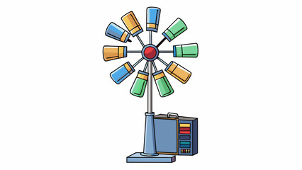 Fototapete - A large windmilllike structure with multiple blades arranged vertically. As the wind blows the blades rotate and the speed and direction data are. Cartoon Vector.